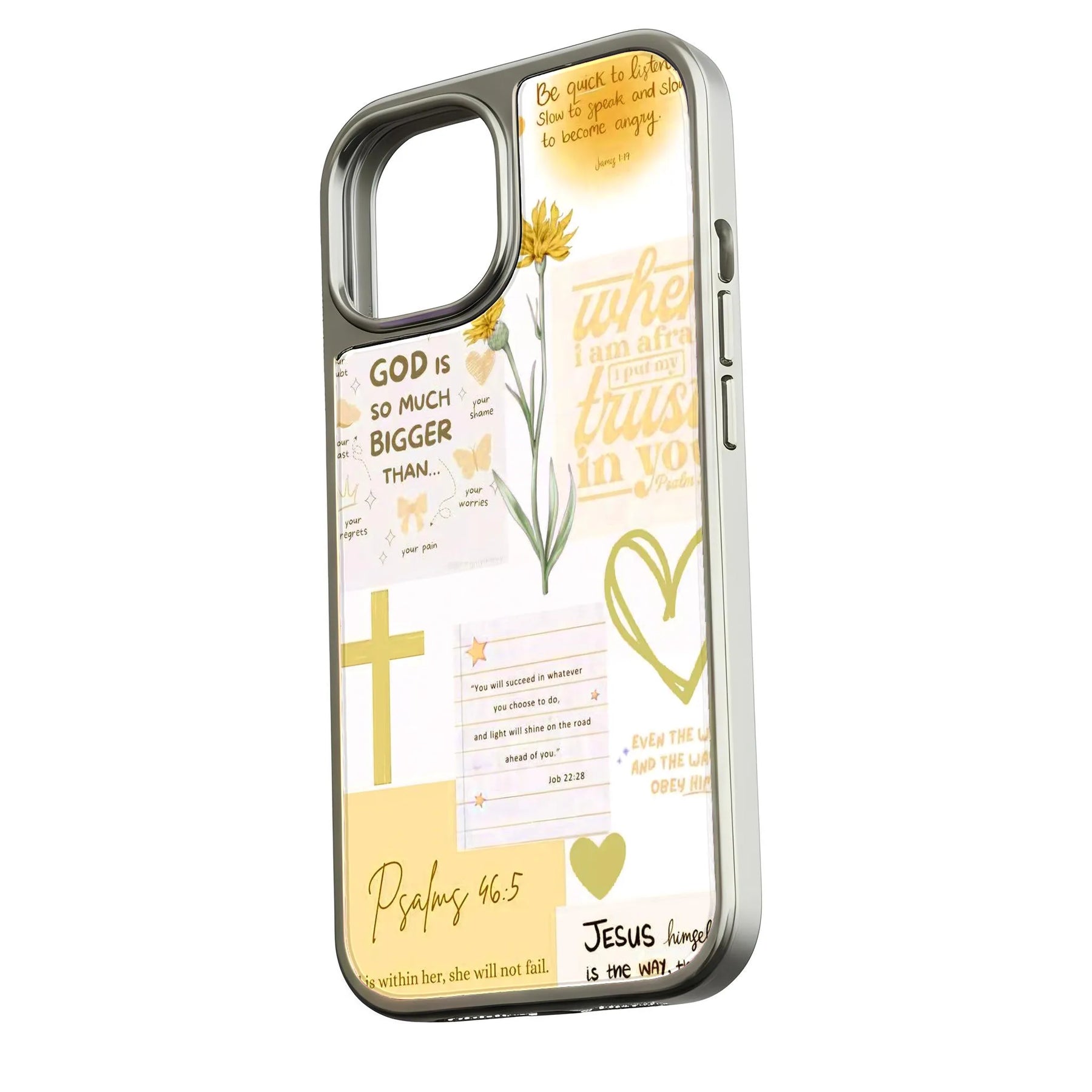 Funda holográfica cromada con frases inspiradoras sobre la fe y la naturaleza