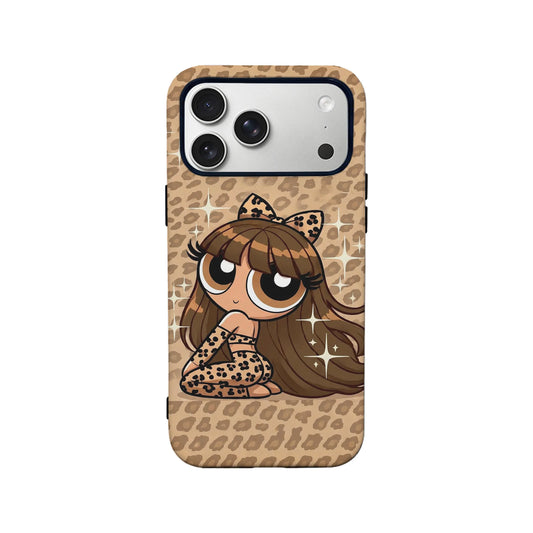 Tan leopard print phone case with cartoon girl design, shown from back