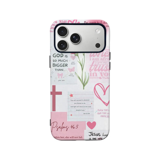 Funda para teléfono con versículo bíblico rojo – Salmo 46:5 – Diseño floral cristiano de fe