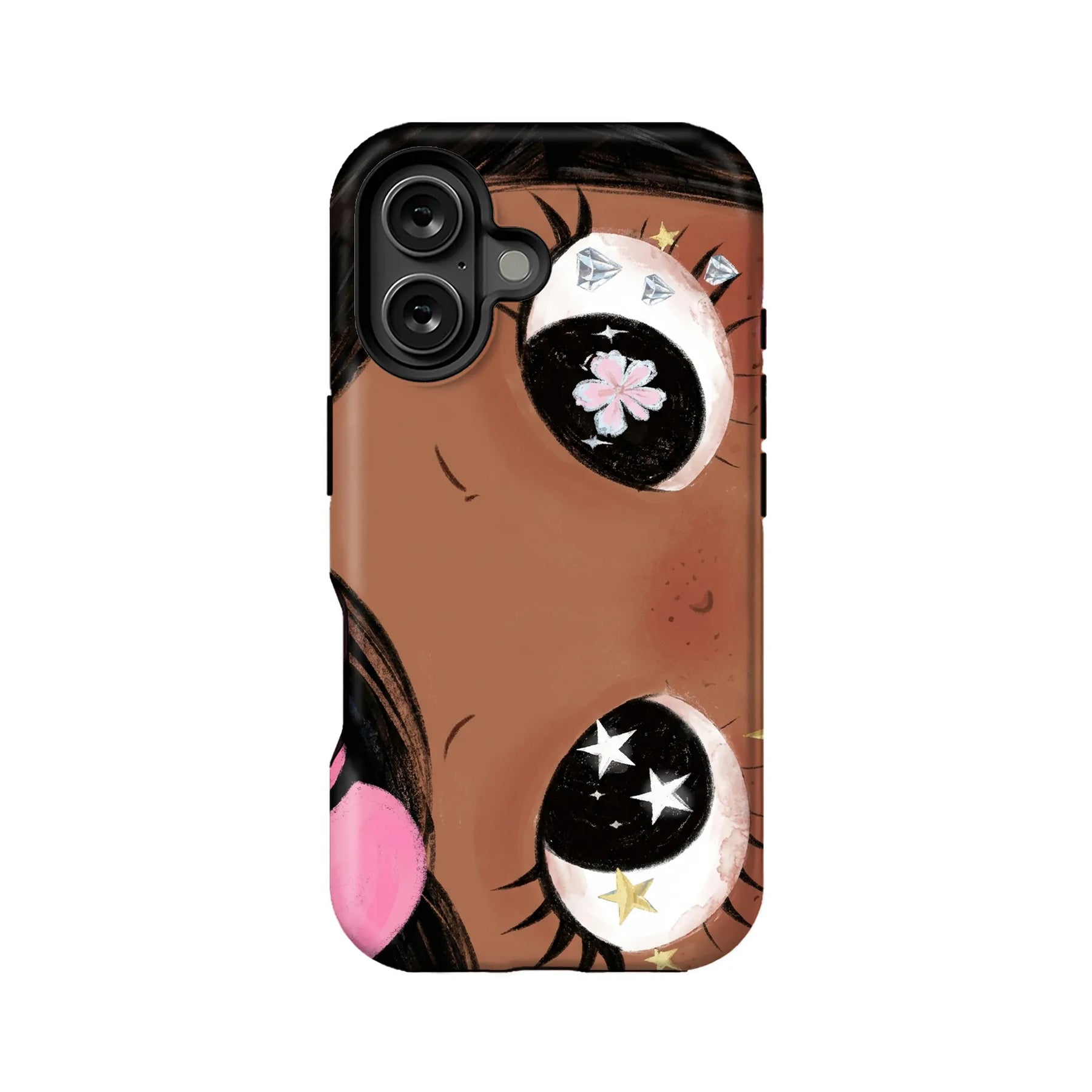 Brown illustrated face phone case with black camera cutout, rear product angle