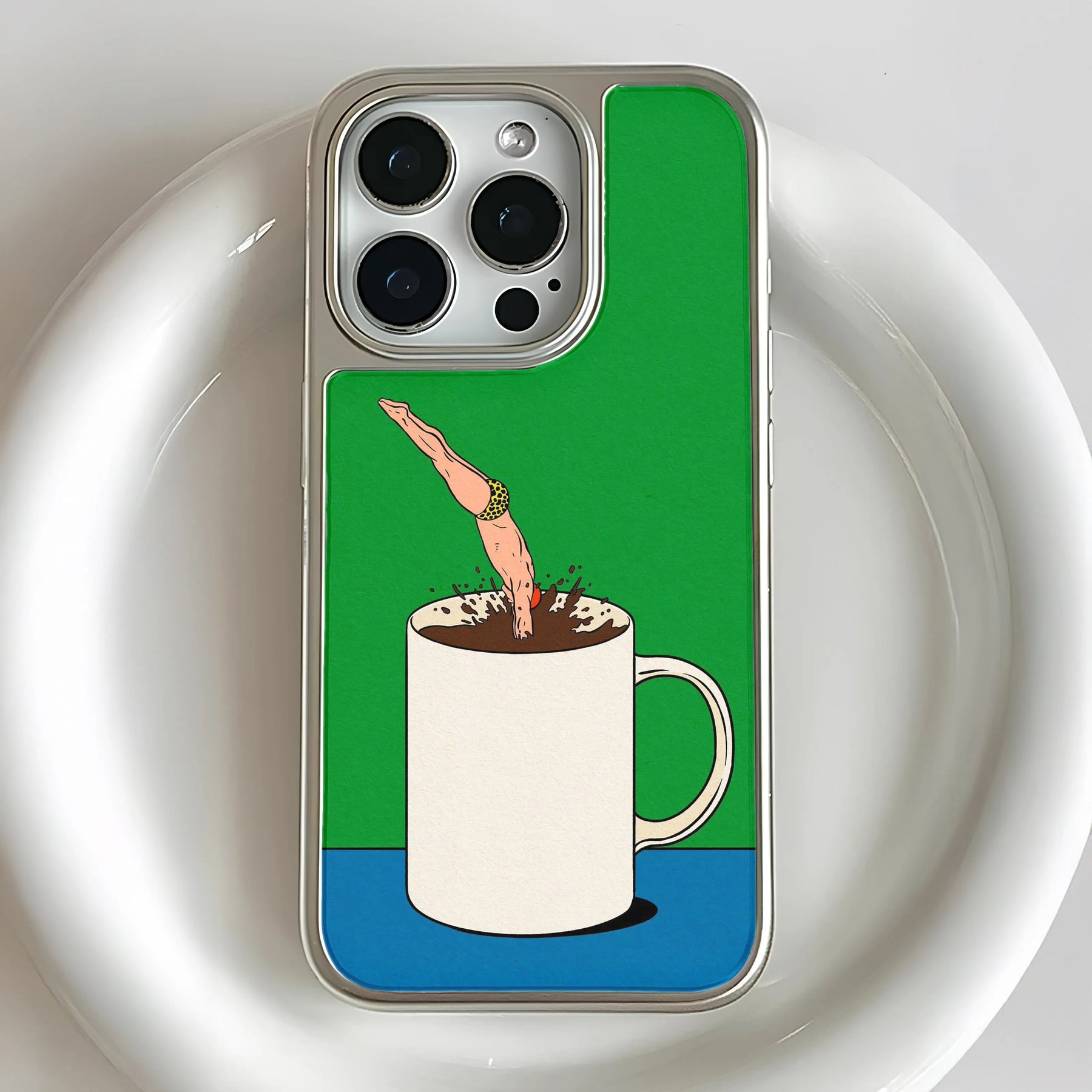 Funda holográfica cromada para iPhone 14 Pro - Diseño Coffee Dive y metalizado