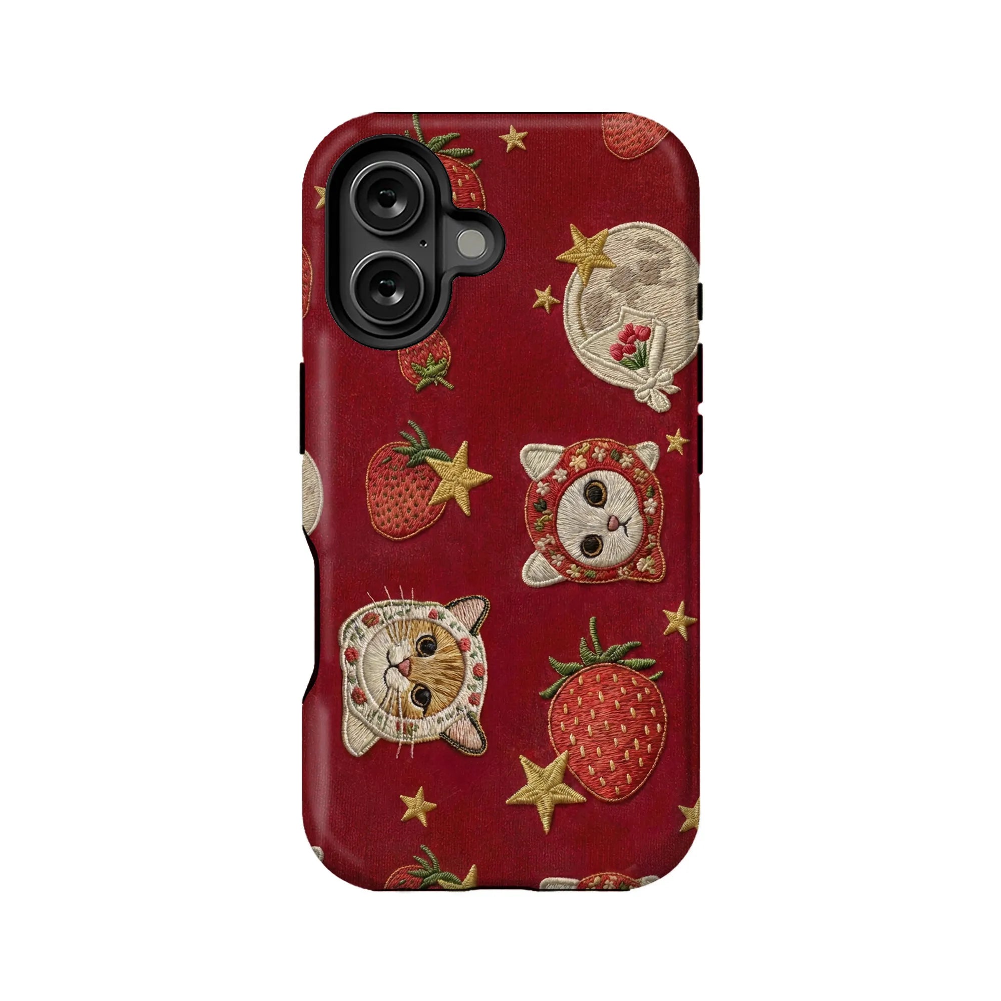 Bonita funda para teléfono con estampado de gato y fresa