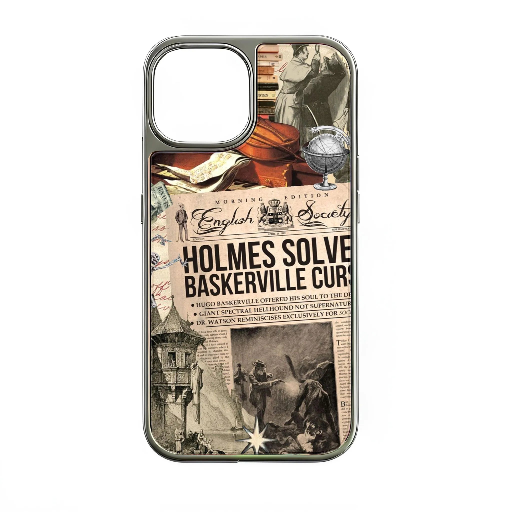 Holographic Chrome Sherlock Holmes Phone Case - Vintage Collage Design