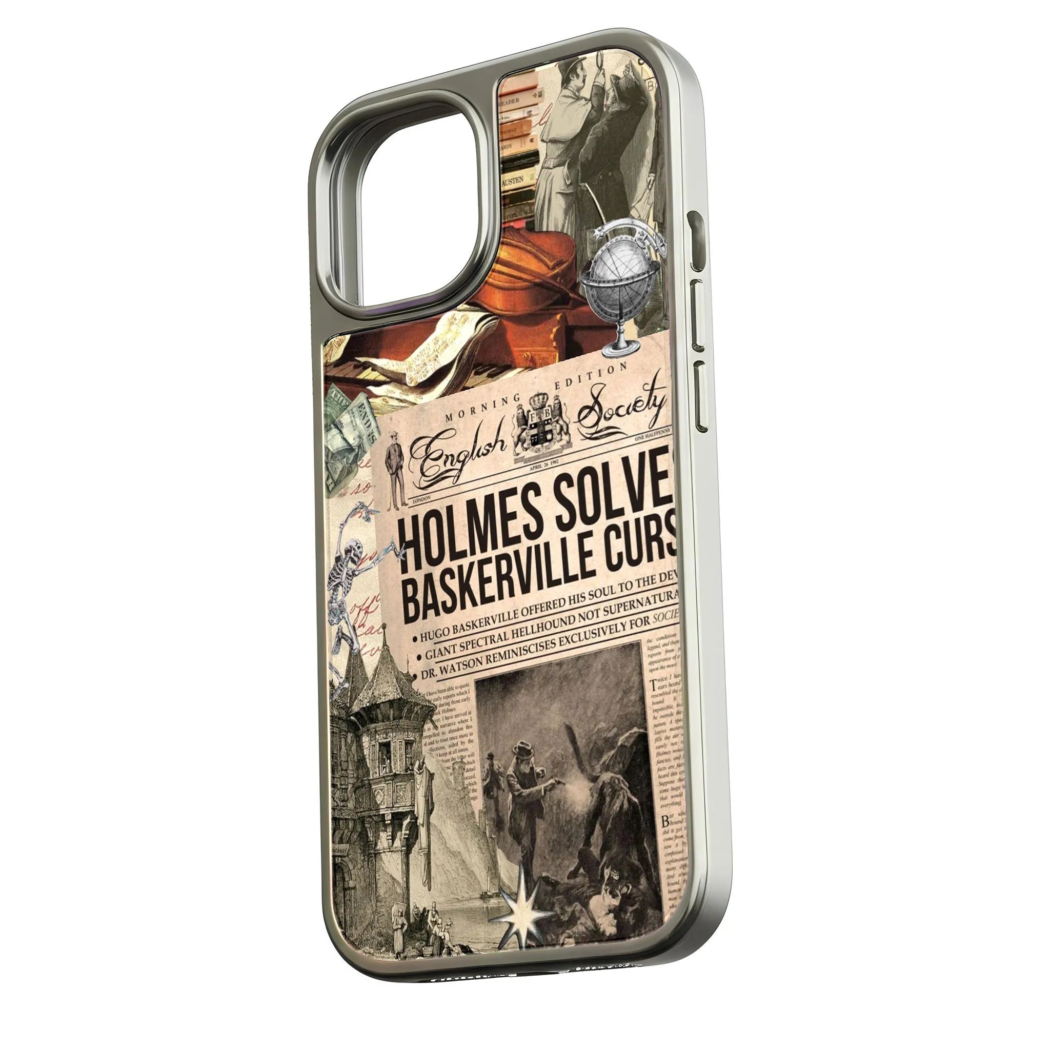 Holographic Chrome Sherlock Holmes Phone Case - Vintage Collage Design