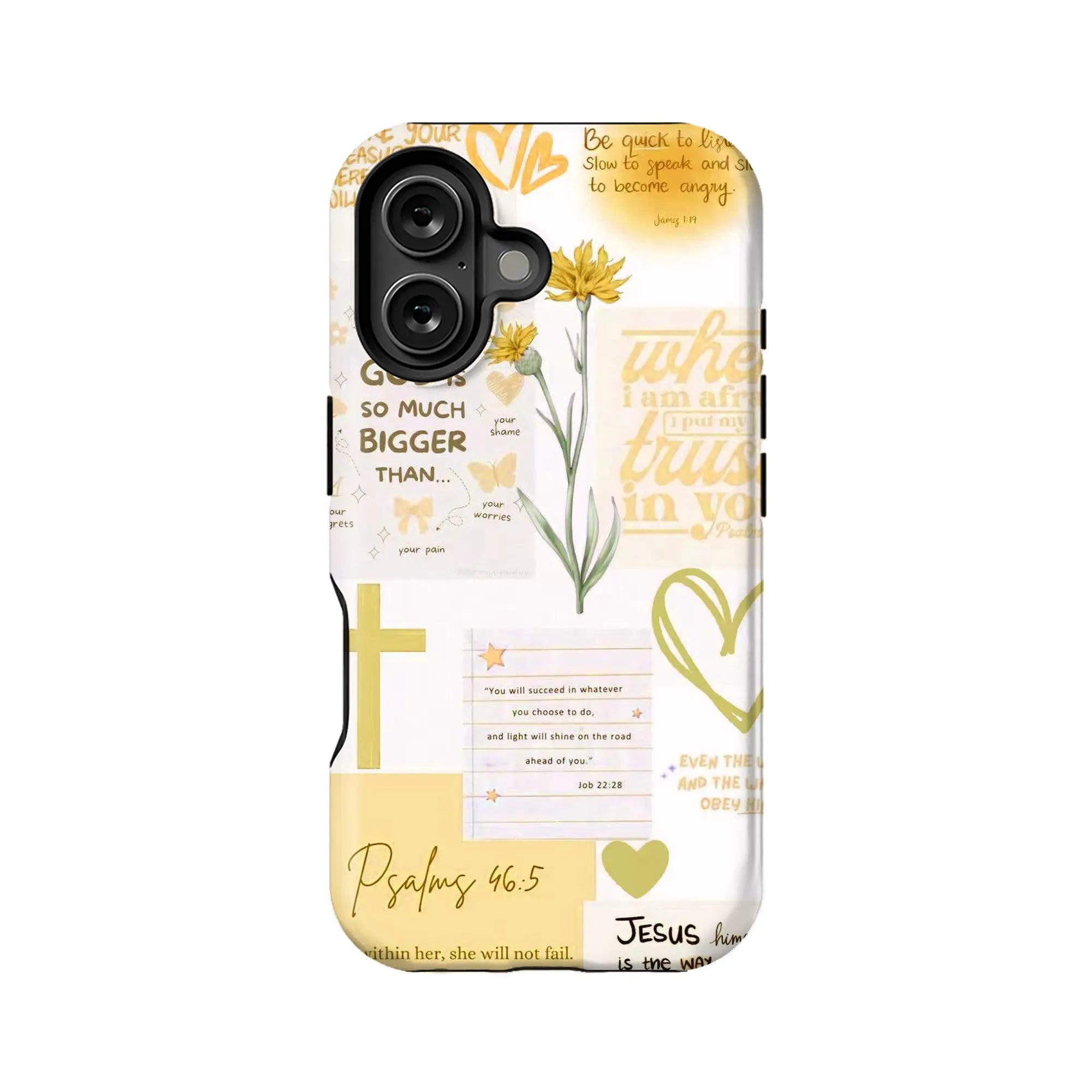 Funda amarilla para teléfono con versículo bíblico – Salmo 46:5, diseño floral cristiano de fe