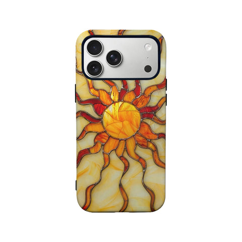 Yellow and orange stained glass sun phone case, back angle with camera cutout