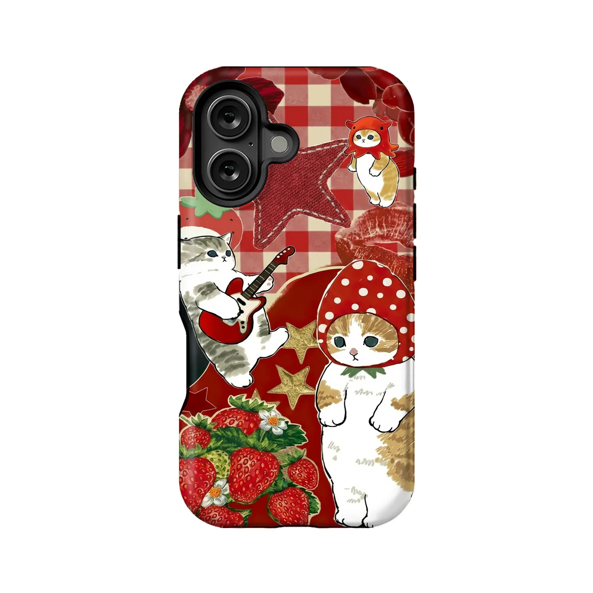 Bonita funda para teléfono con diseño de gato y fresa