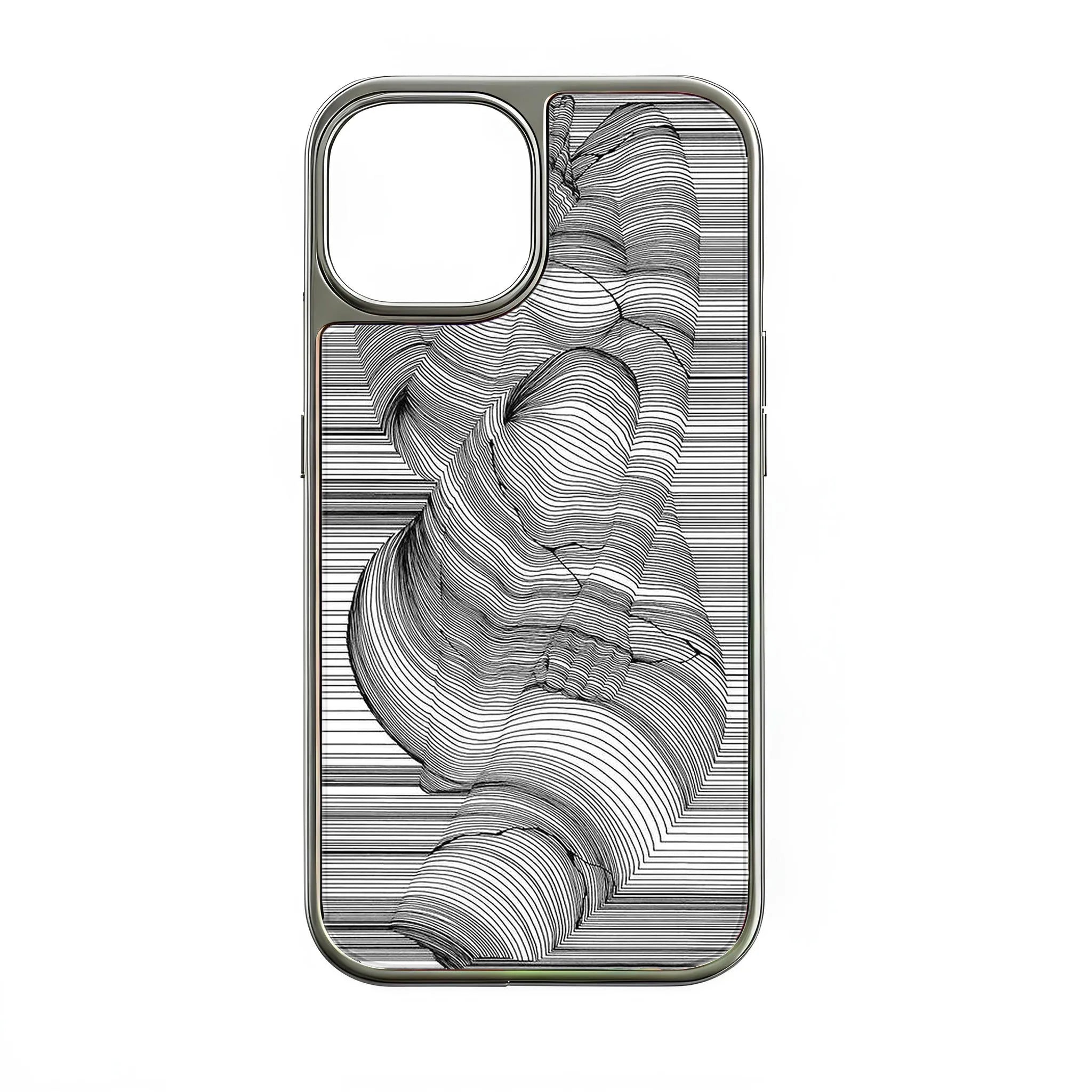 Holographic Chrome Phone Case for iPhone 15 Pro - Artistic Black Line Design
