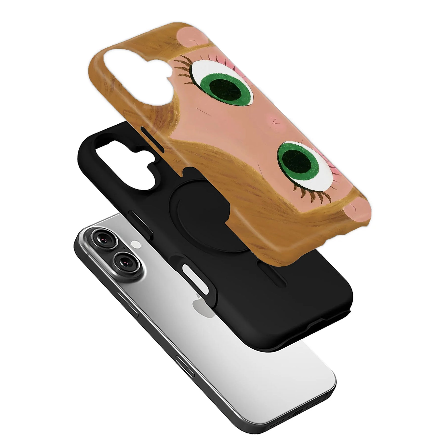 Pink and tan cartoon eye phone case shown angled above black case and smartphone