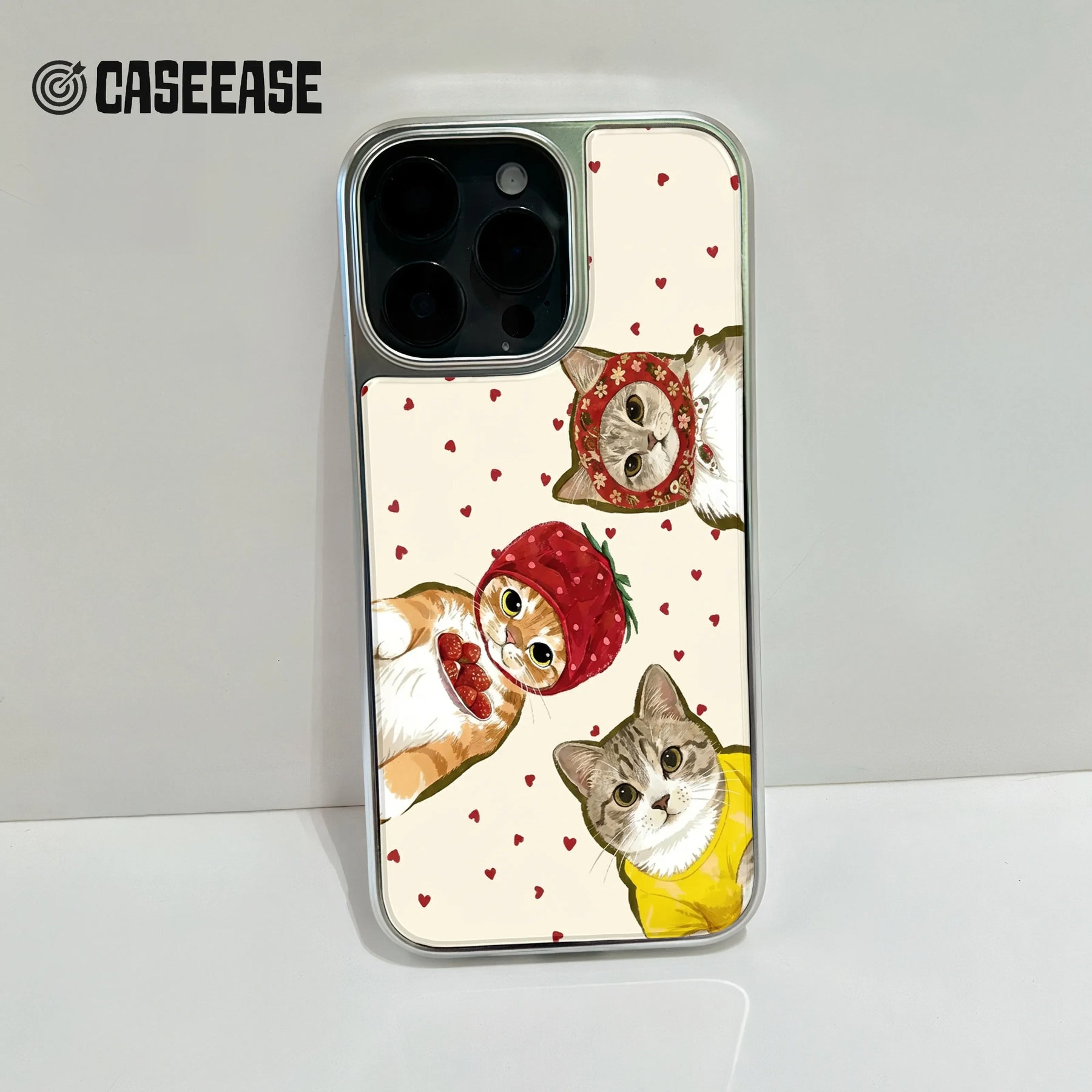 Funda holográfica cromada con diseño de gato: adorables gatitos con corazones