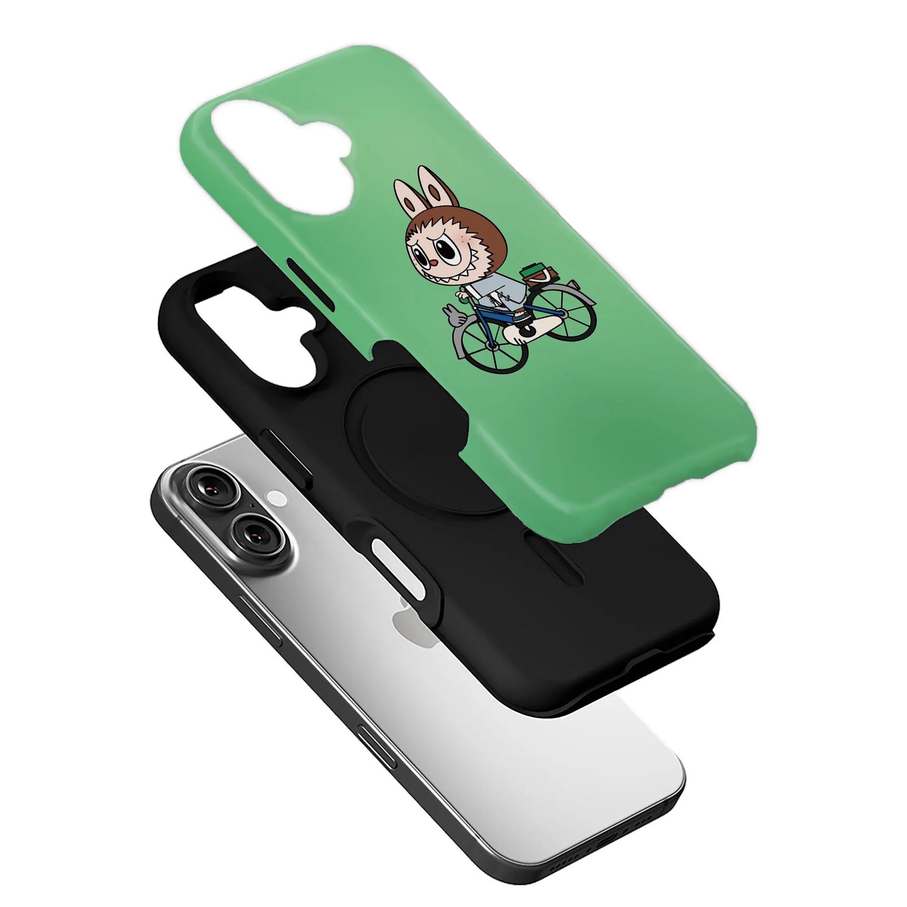 Funda para teléfono con bicicleta y conejito de dibujos animados