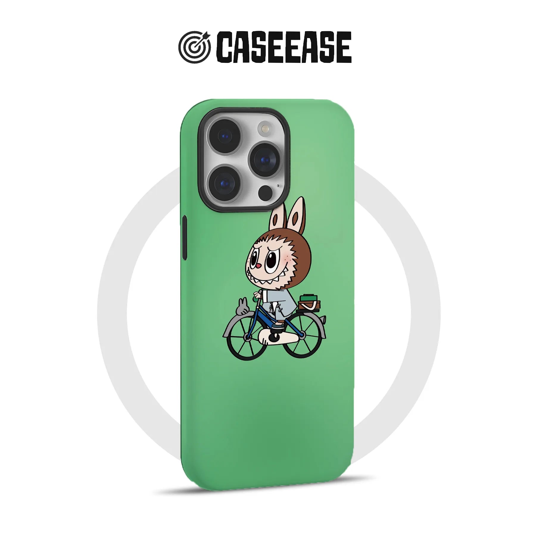 Funda para teléfono con bicicleta y conejito de dibujos animados
