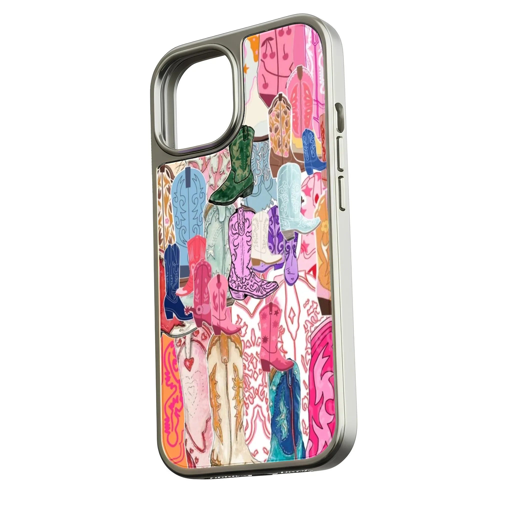 Holographic Chrome Cowboy Boots Phone Case - Vivid Western Design