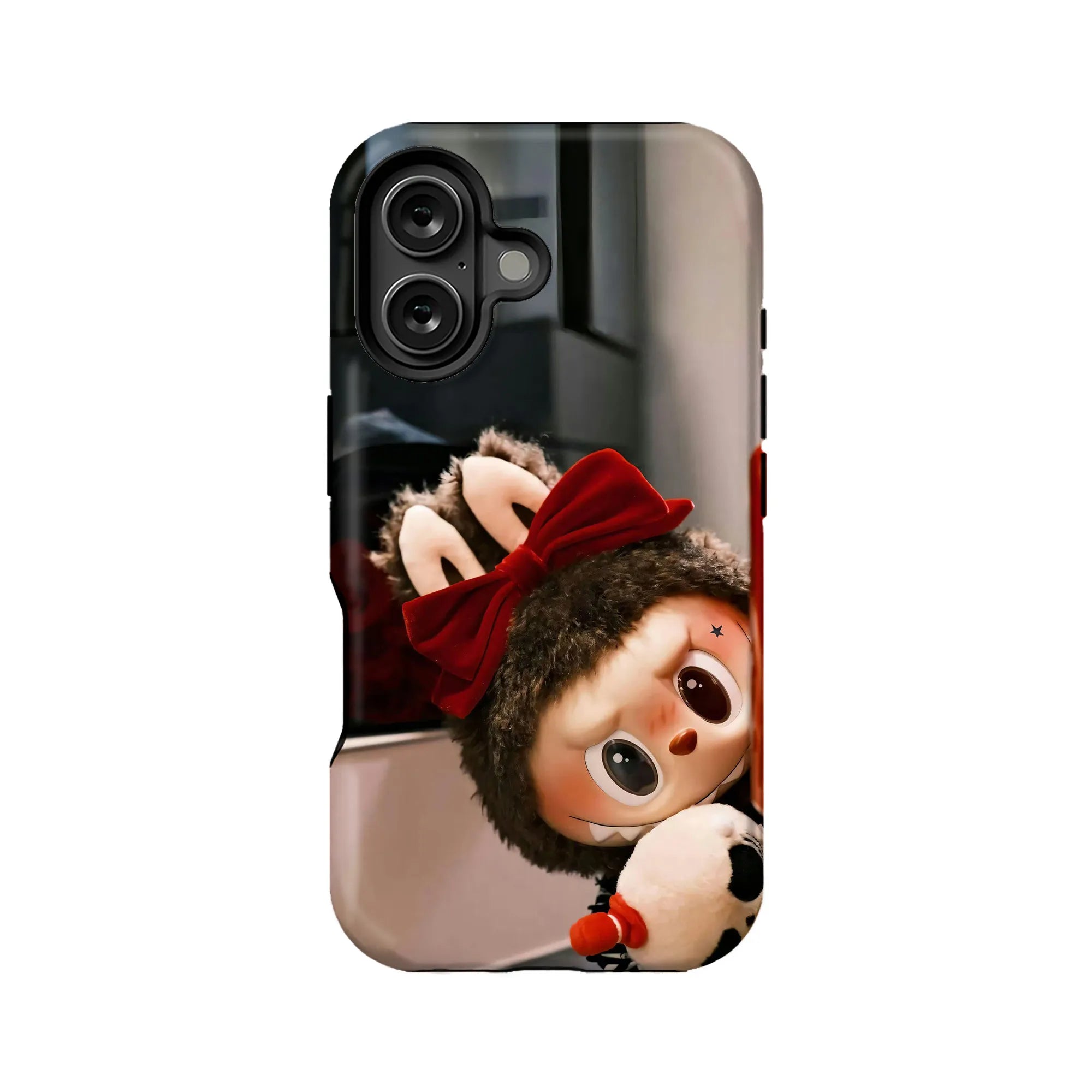 Bonita funda para teléfono de peluche Labubu con lazo rojo