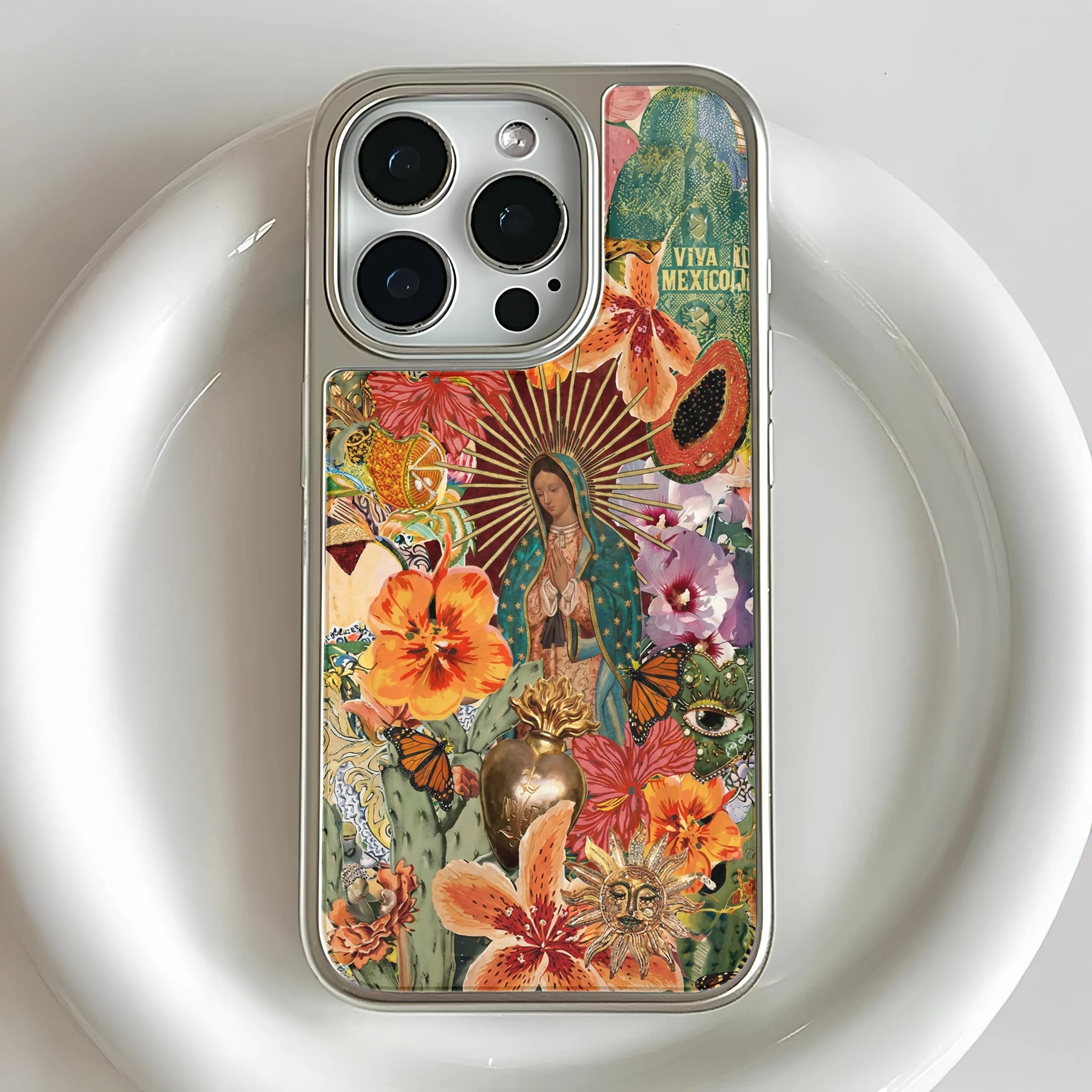 Funda holográfica cromada para teléfono: diseño floral y cultural colorido