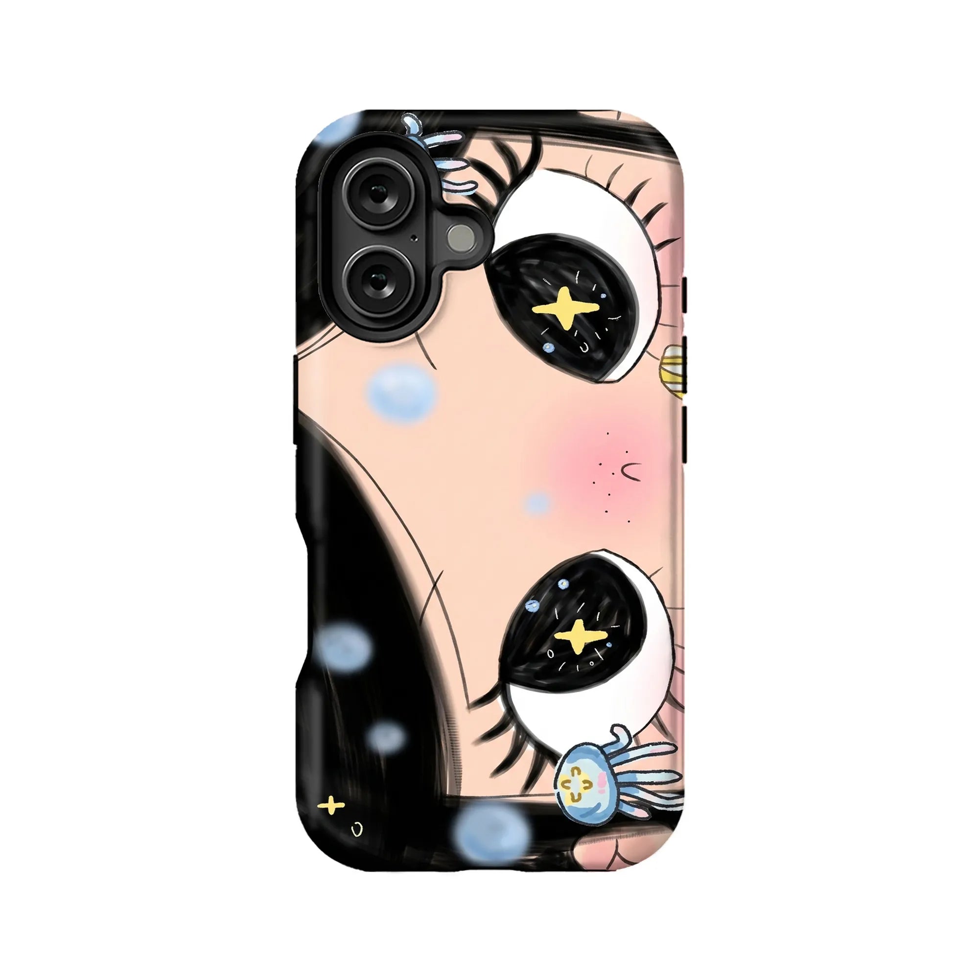 Glossy black and peach cartoon eye phone case, rear product view