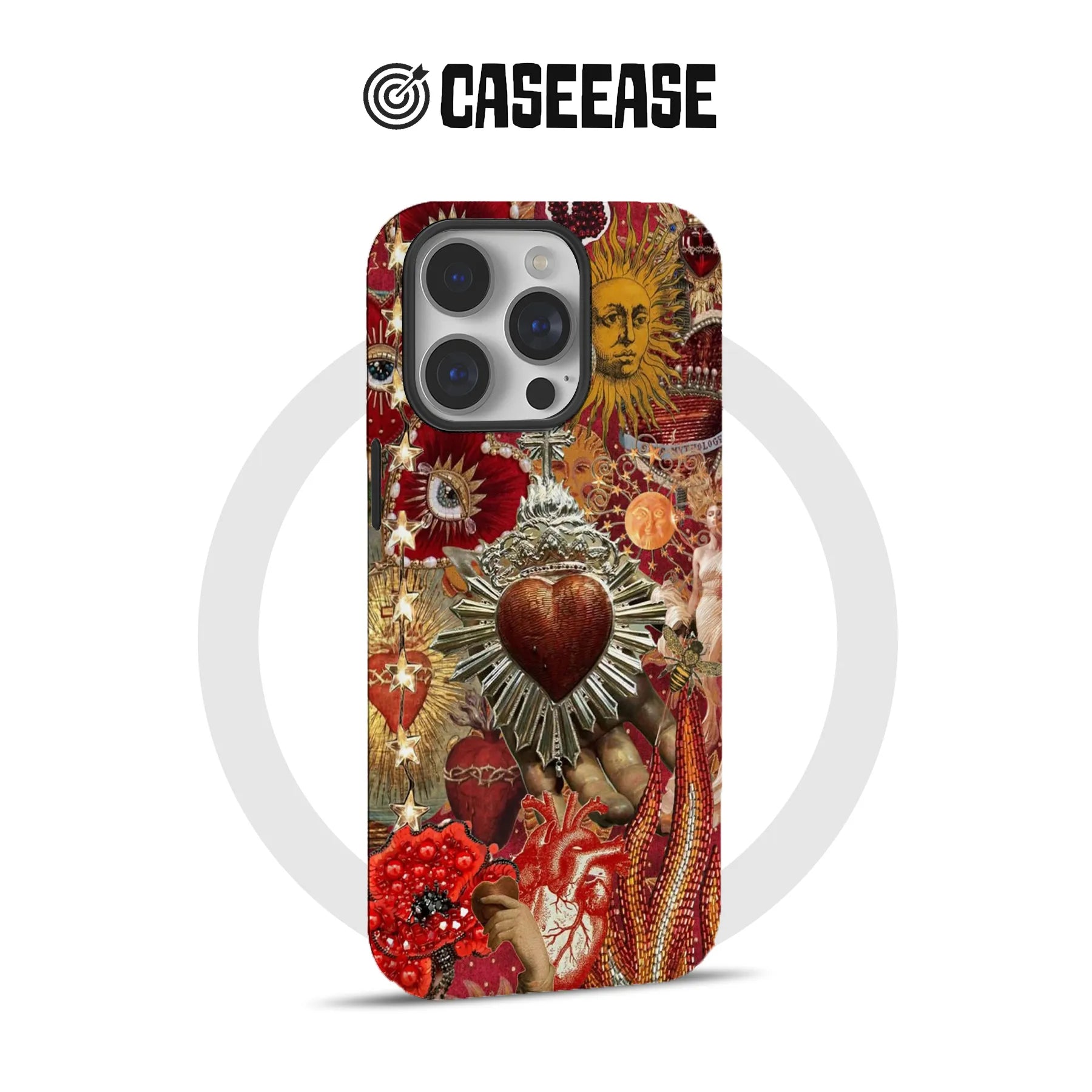 Funda para teléfono con collage de corazones y sol bohemios