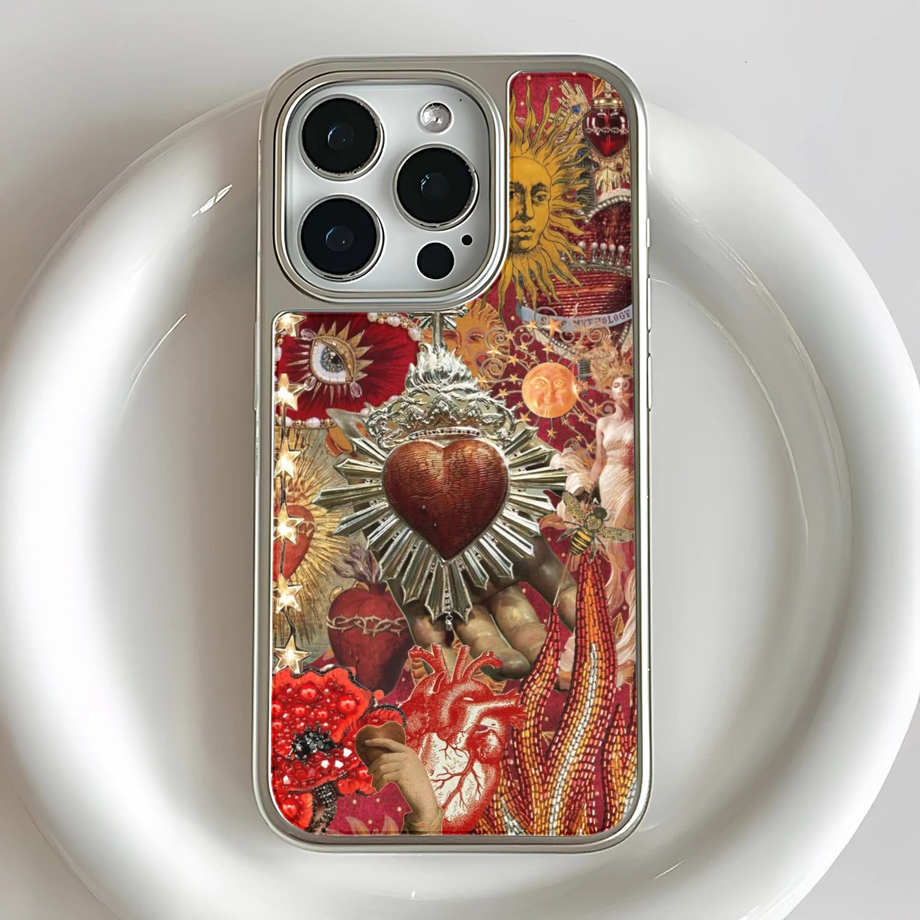 Funda artística holográfica cromada para teléfono: vibrante diseño de corazón y sol
