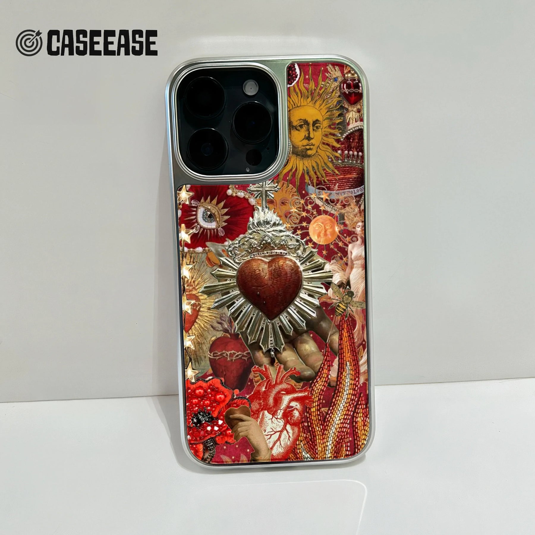 Funda artística holográfica cromada para teléfono: vibrante diseño de corazón y sol
