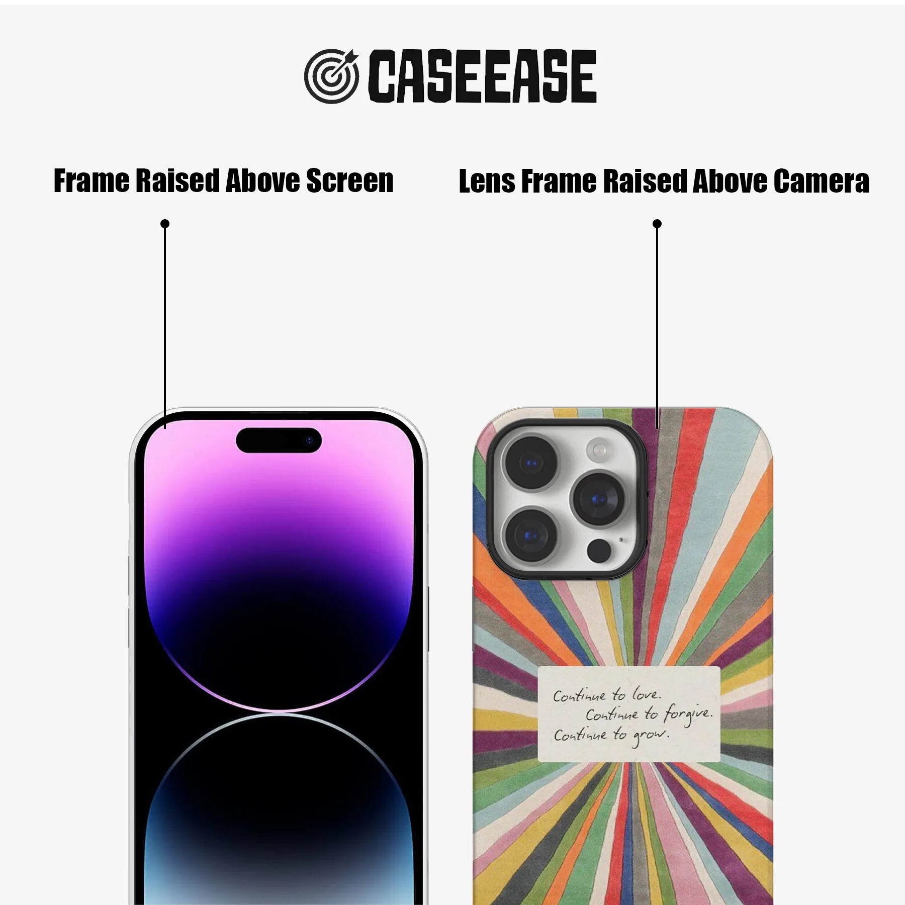 Funda para teléfono con inspiración colorida: Sigue amando, perdonando y creciendo