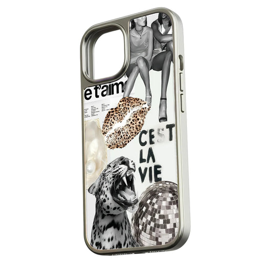 Silver phone case with collage art, leopard lips, disco ball, angled product view
