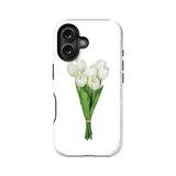 Elegante funda para teléfono con tulipanes blancos y diseño floral minimalista