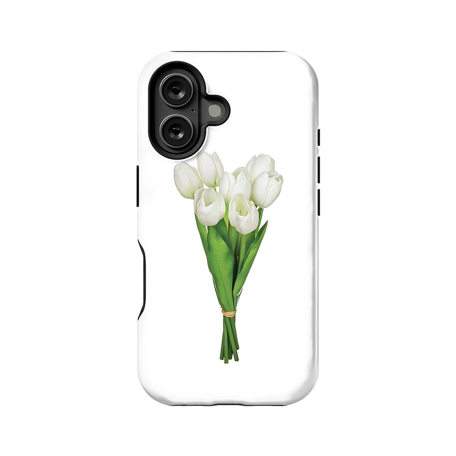 Elegante funda para teléfono con tulipanes blancos y diseño floral minimalista