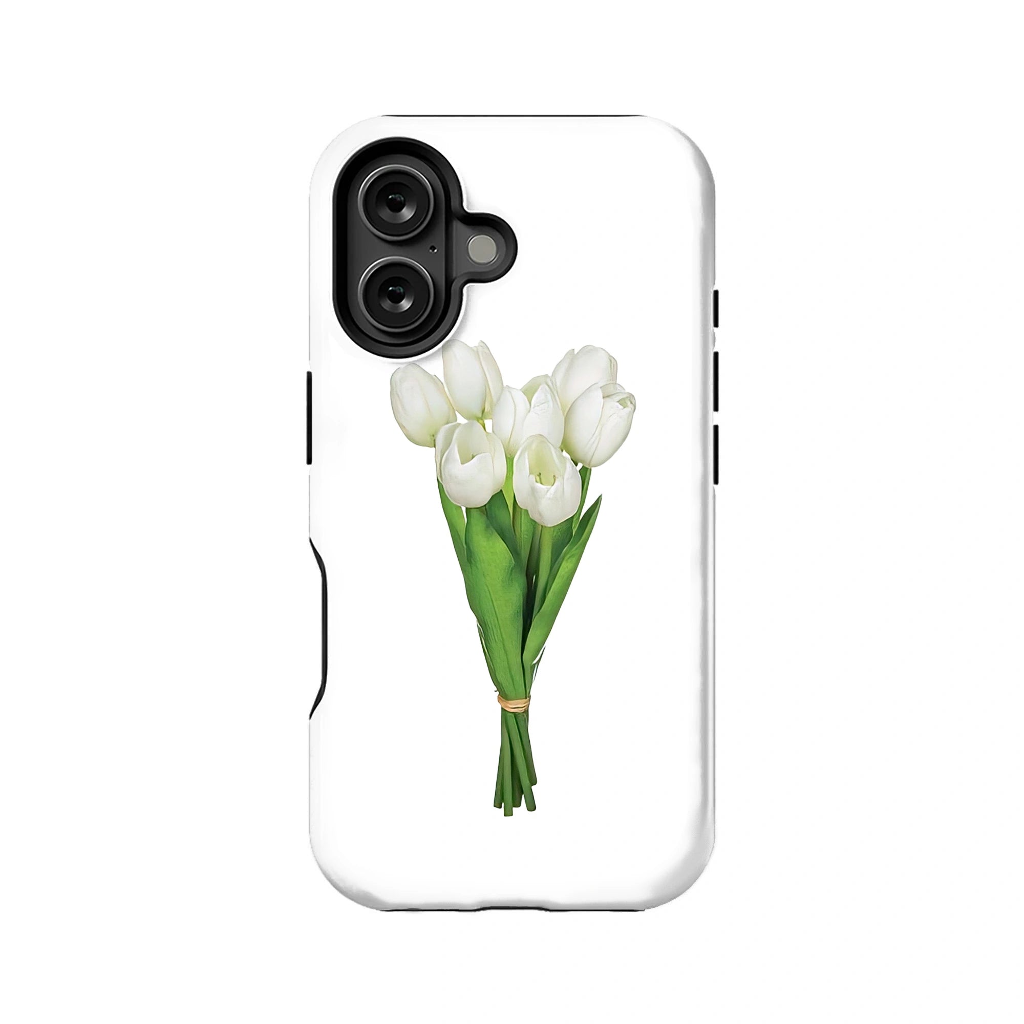Elegante funda para teléfono con tulipanes blancos y diseño floral minimalista