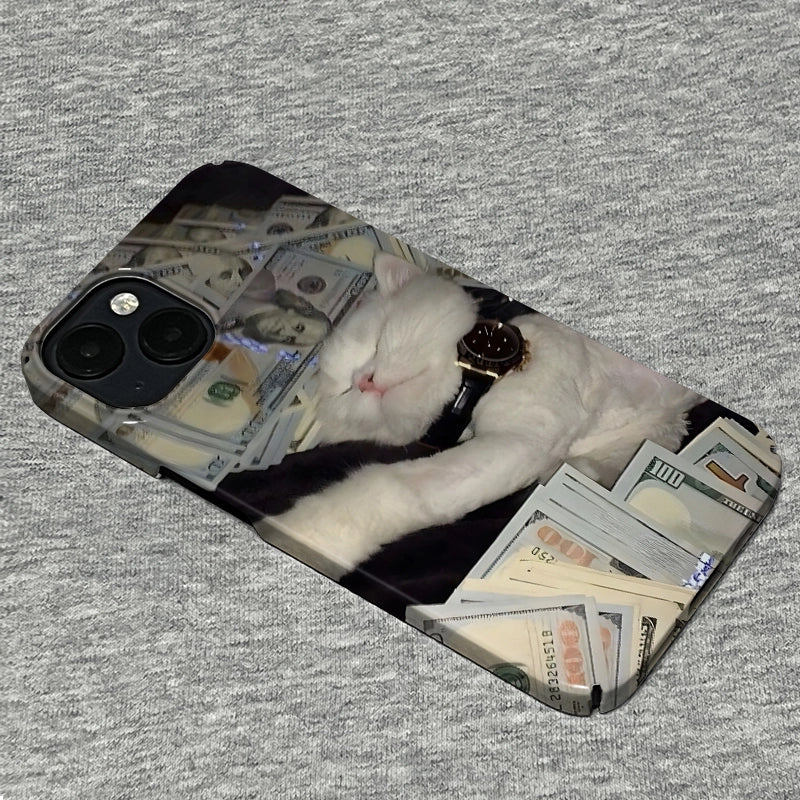 Luxury Cat Phone Case 2025 – Opulent White Cat with Cash and Watch