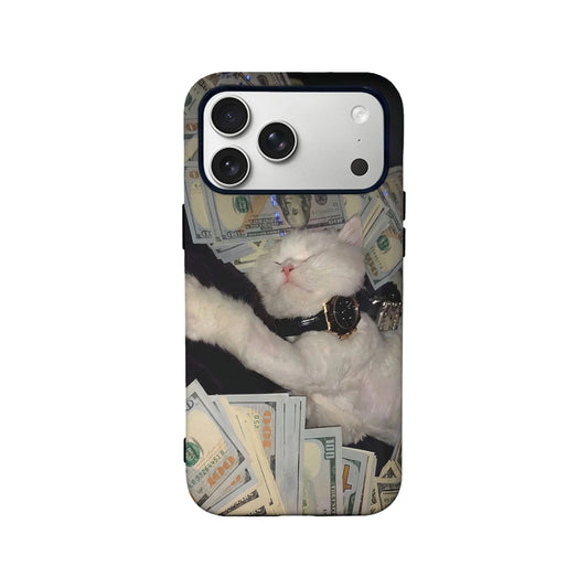 Rear view black phone case with white cat and cash collage design