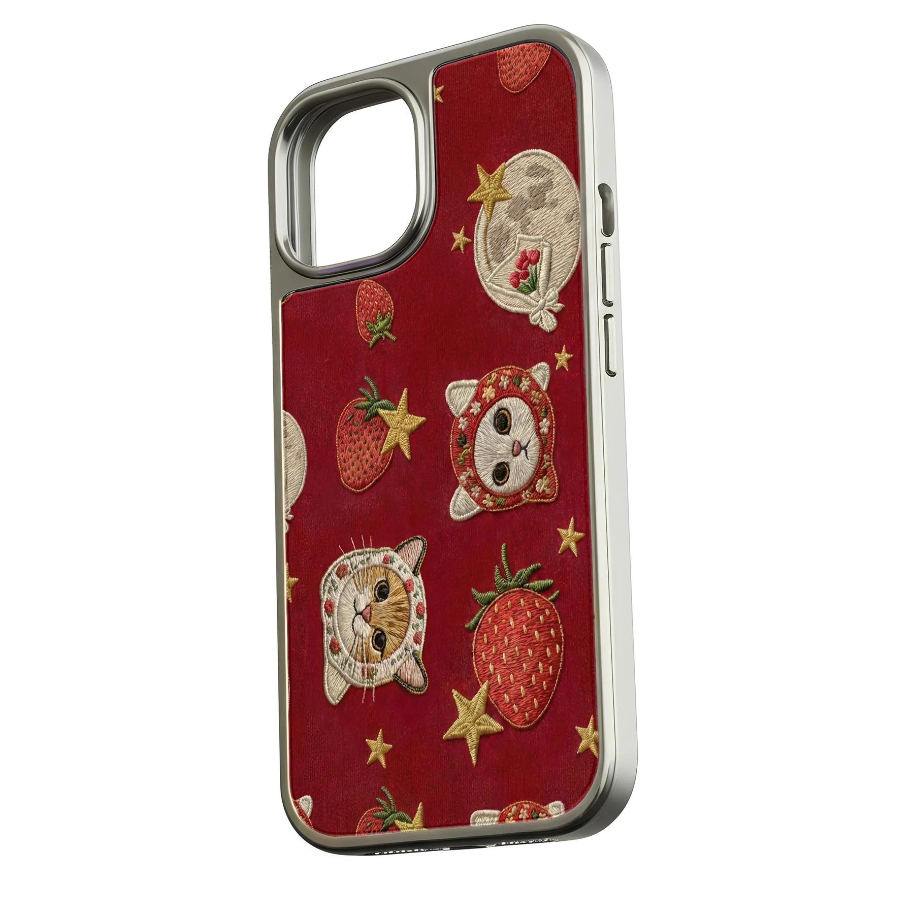 Funda para teléfono con gatos y fresas bordadas: diseño bonito y colorido