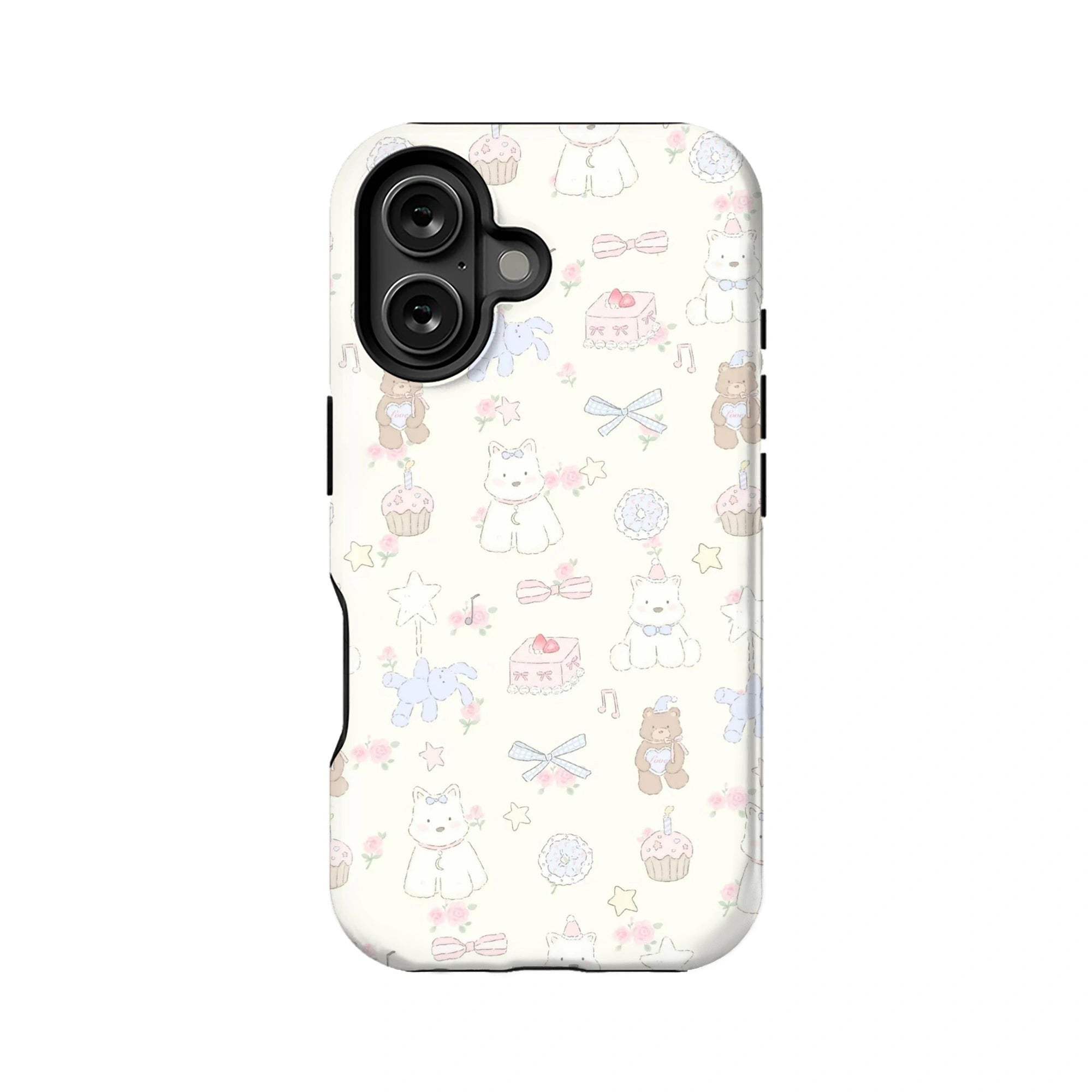 Funda para teléfono color crema con dibujos animados: adorables gatos, osos y elementos dulces.