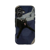 Back view of blue phone case with black cat print and dual camera cutout