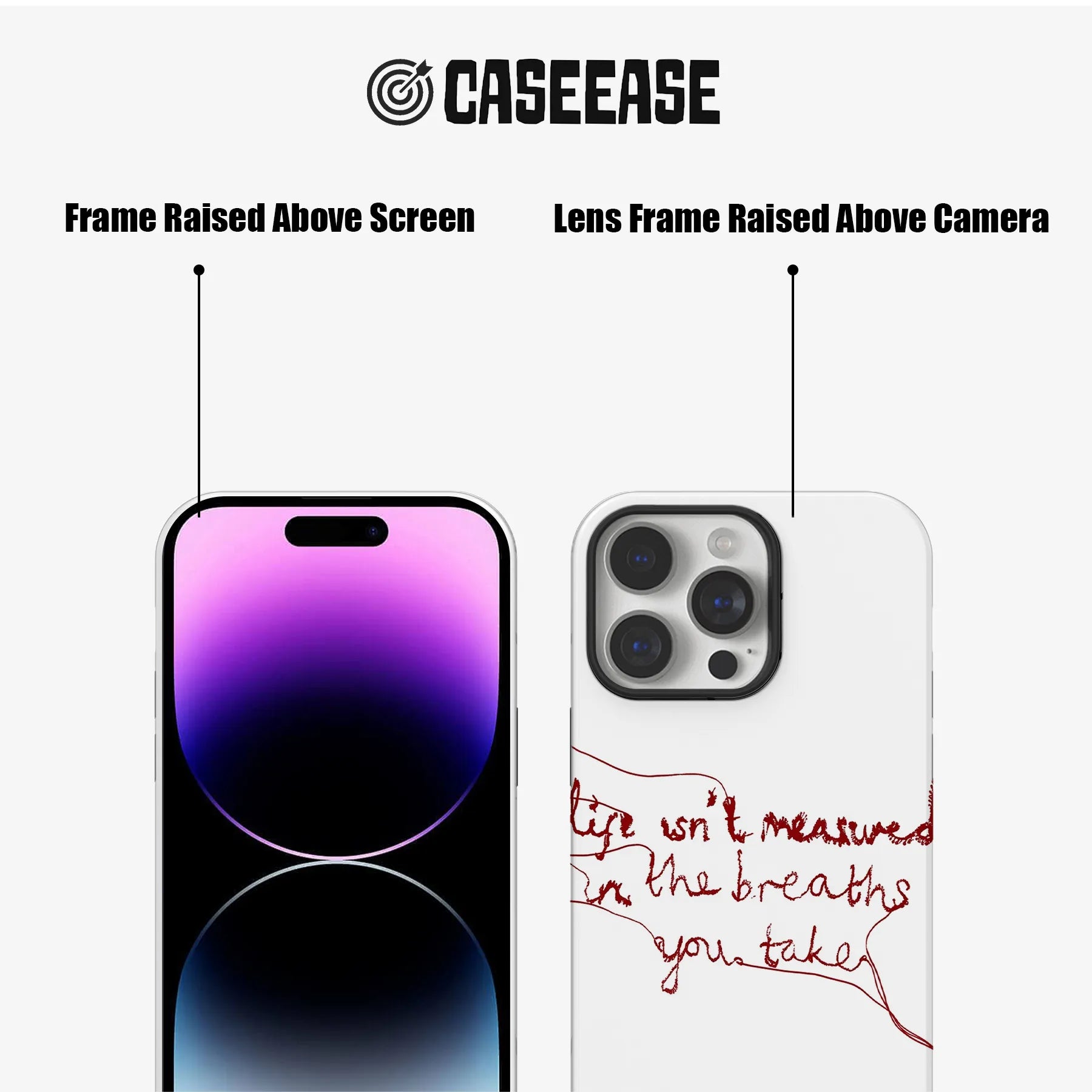 White CASEEASE phone case front and back close-up with raised screen and camera frames