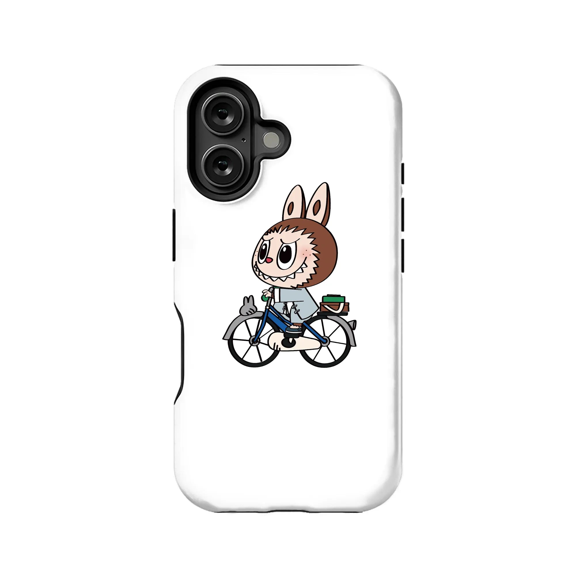 Bonita funda para teléfono con labubu en bicicleta