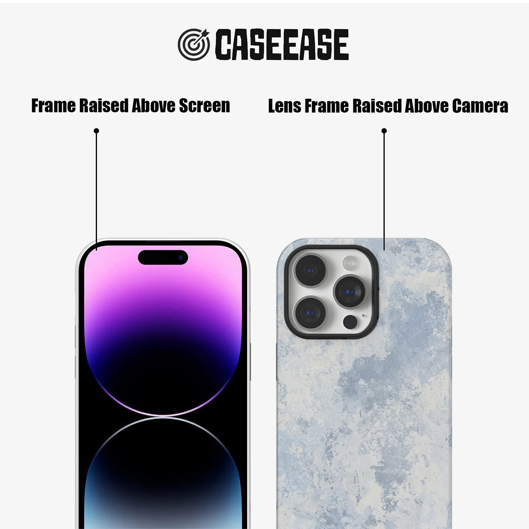CASEEASE light blue textured phone case front and rear angles with raised frames