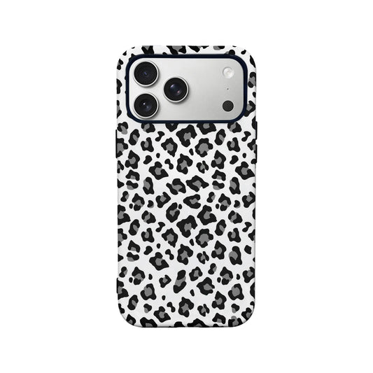 White black and gray leopard print phone case, rear angle on triple camera iPhone