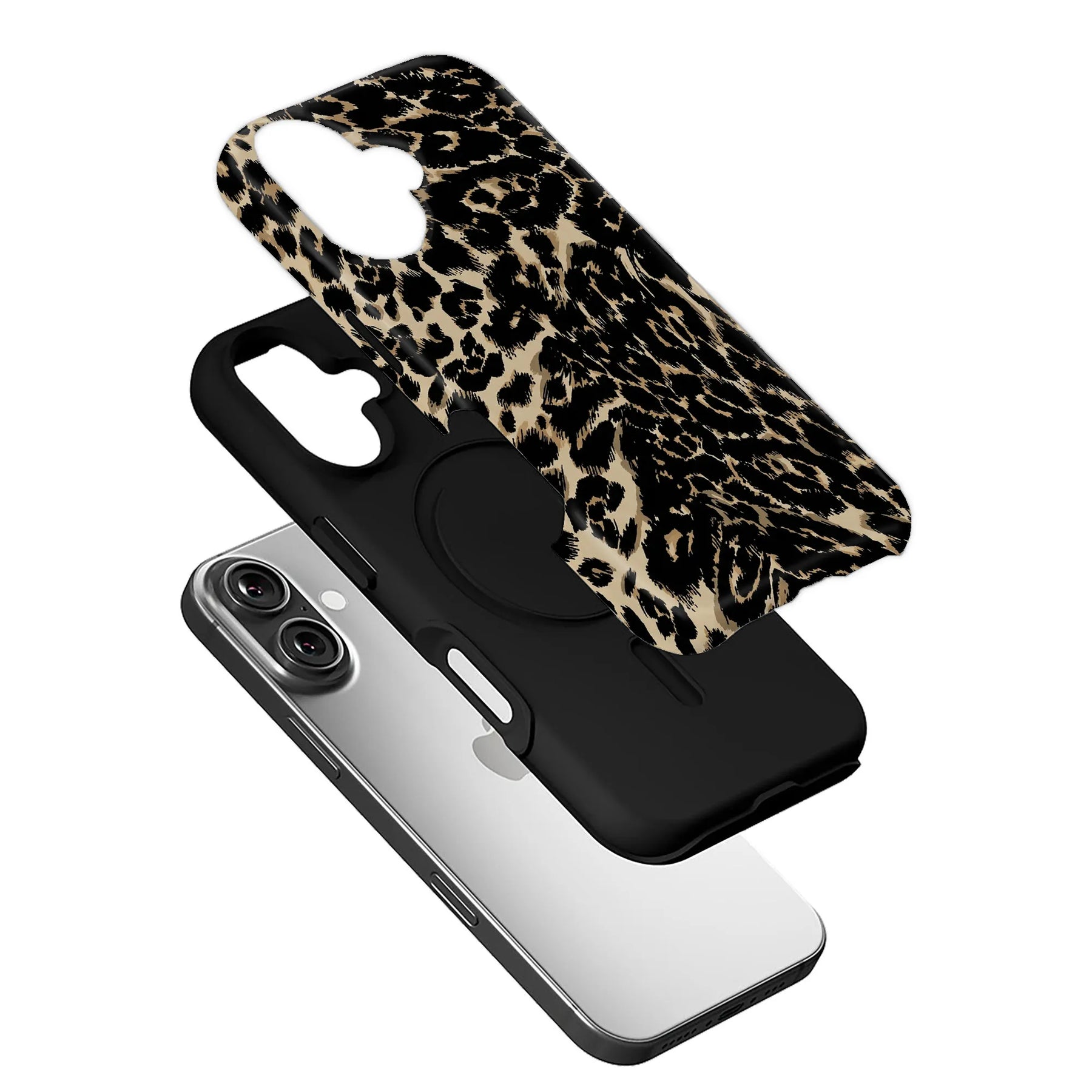 Black and tan leopard print phone case with angled layered construction view