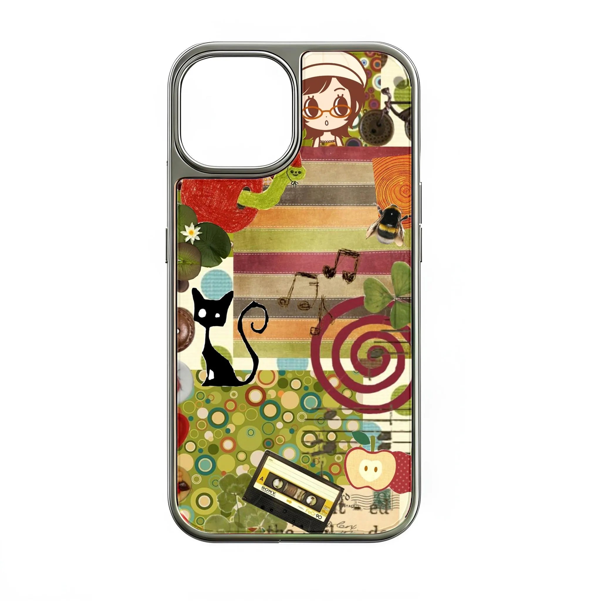 Holographic Chrome Vintage Collage Phone Case - Colorful Design with Retro Elements