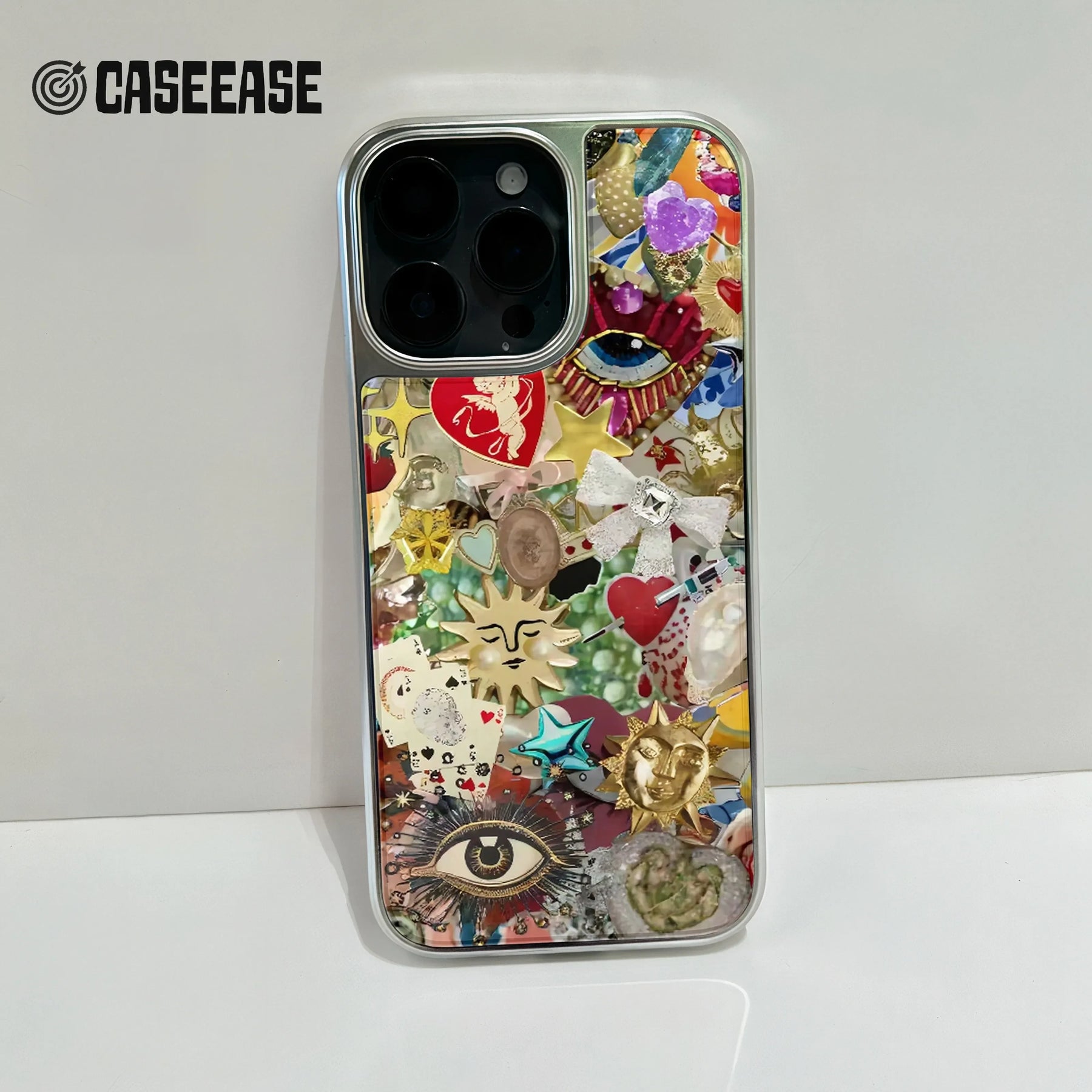 Funda holográfica cromada para teléfono: diseño collage con encanto vibrante