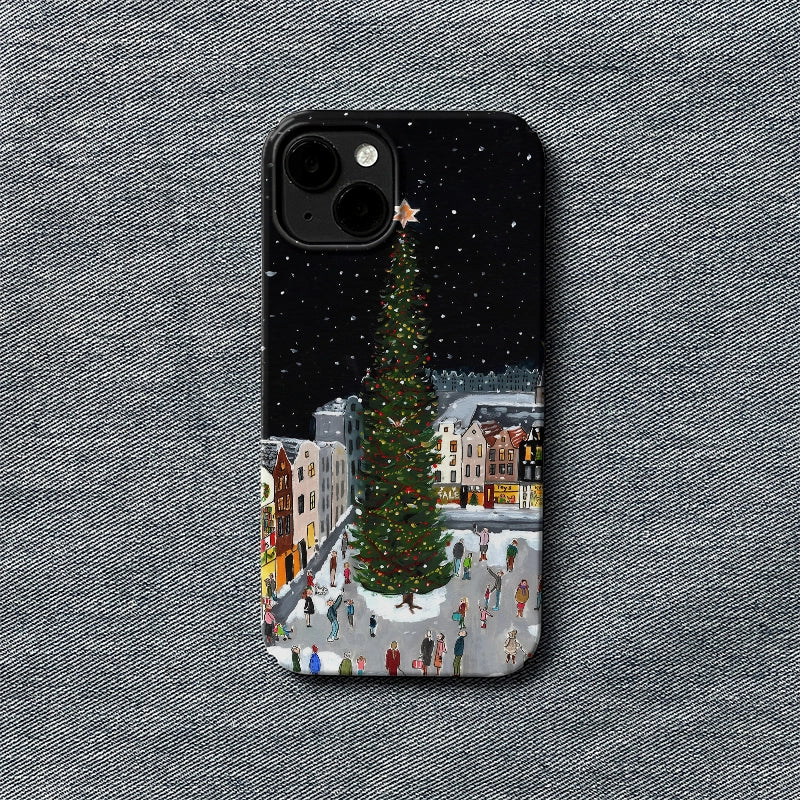 Funda para teléfono con diseño de árbol de Navidad y plaza del pueblo