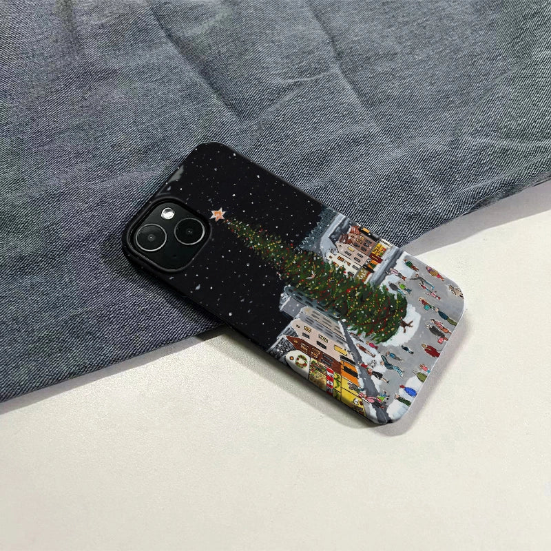 Funda para teléfono con diseño de árbol de Navidad y plaza del pueblo