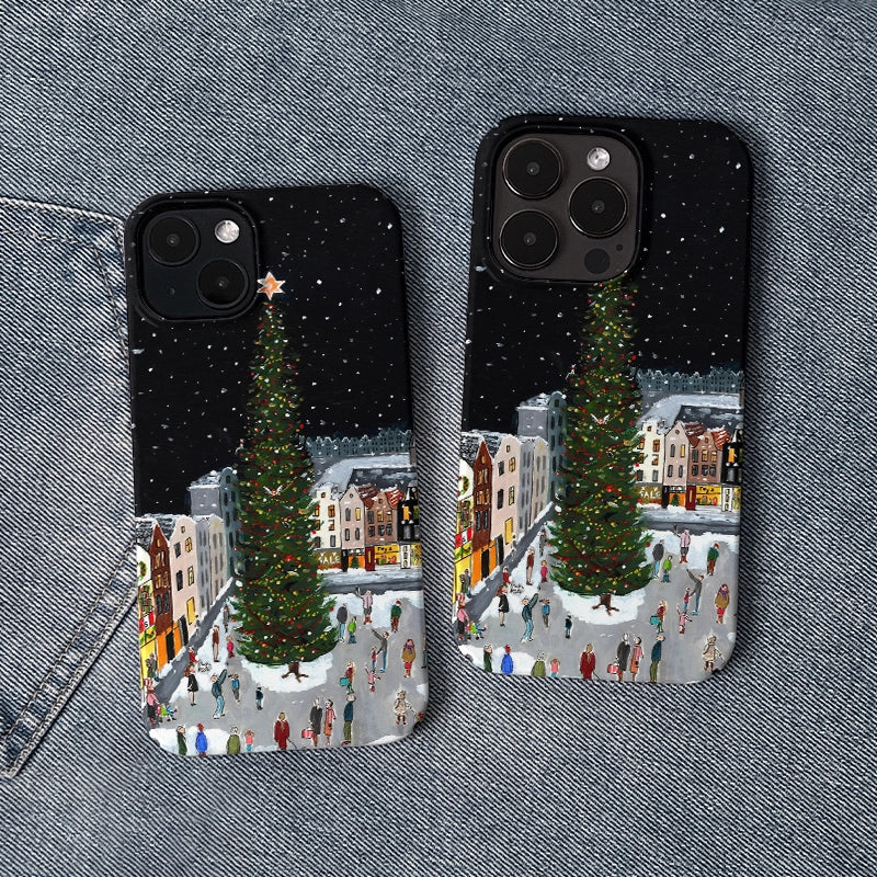 Funda para teléfono con diseño de árbol de Navidad y plaza del pueblo