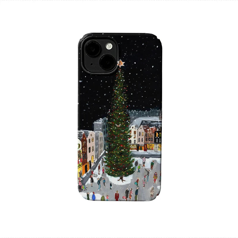 Funda para teléfono con diseño de árbol de Navidad y plaza del pueblo