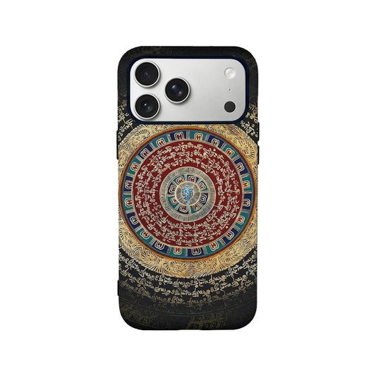 Black phone case with red and gold circular script design, rear product view