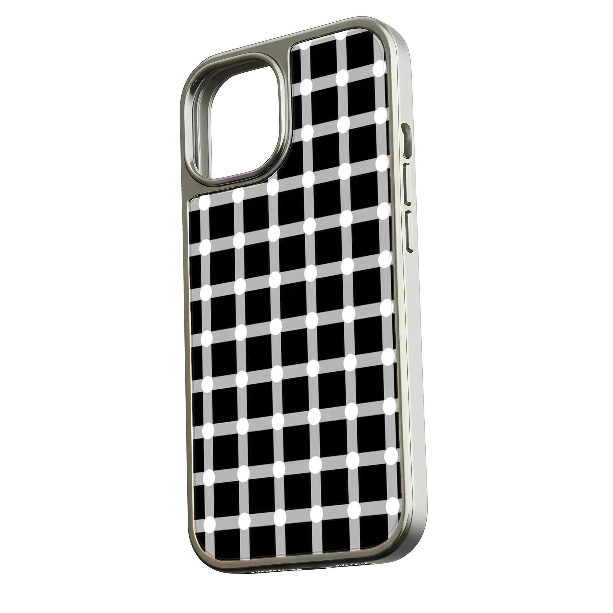 Holographic Chrome Phone Case for iPhone 14 Pro - Black and White Polka Dot Design