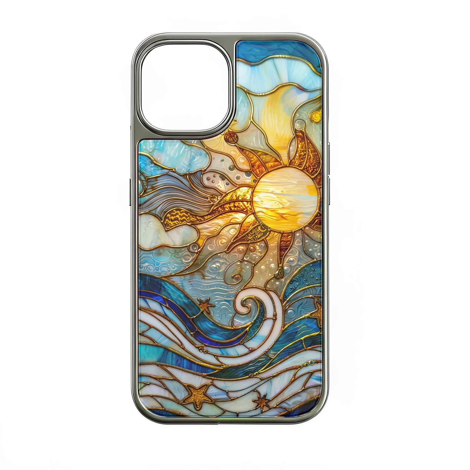 Holographic Chrome Sun & Waves Phone Case - Artistic Design