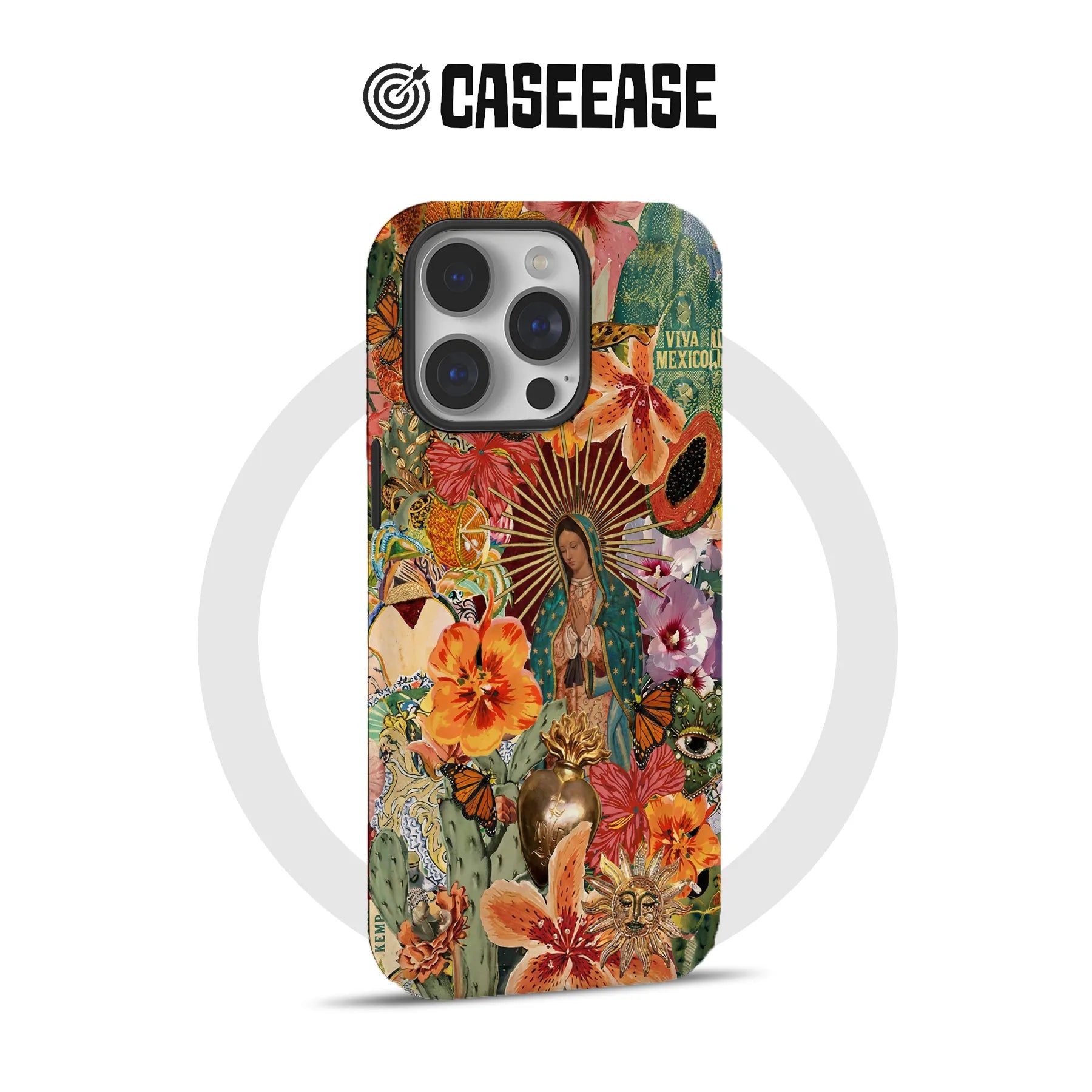 Funda para teléfono con flores vibrantes y la Virgen María