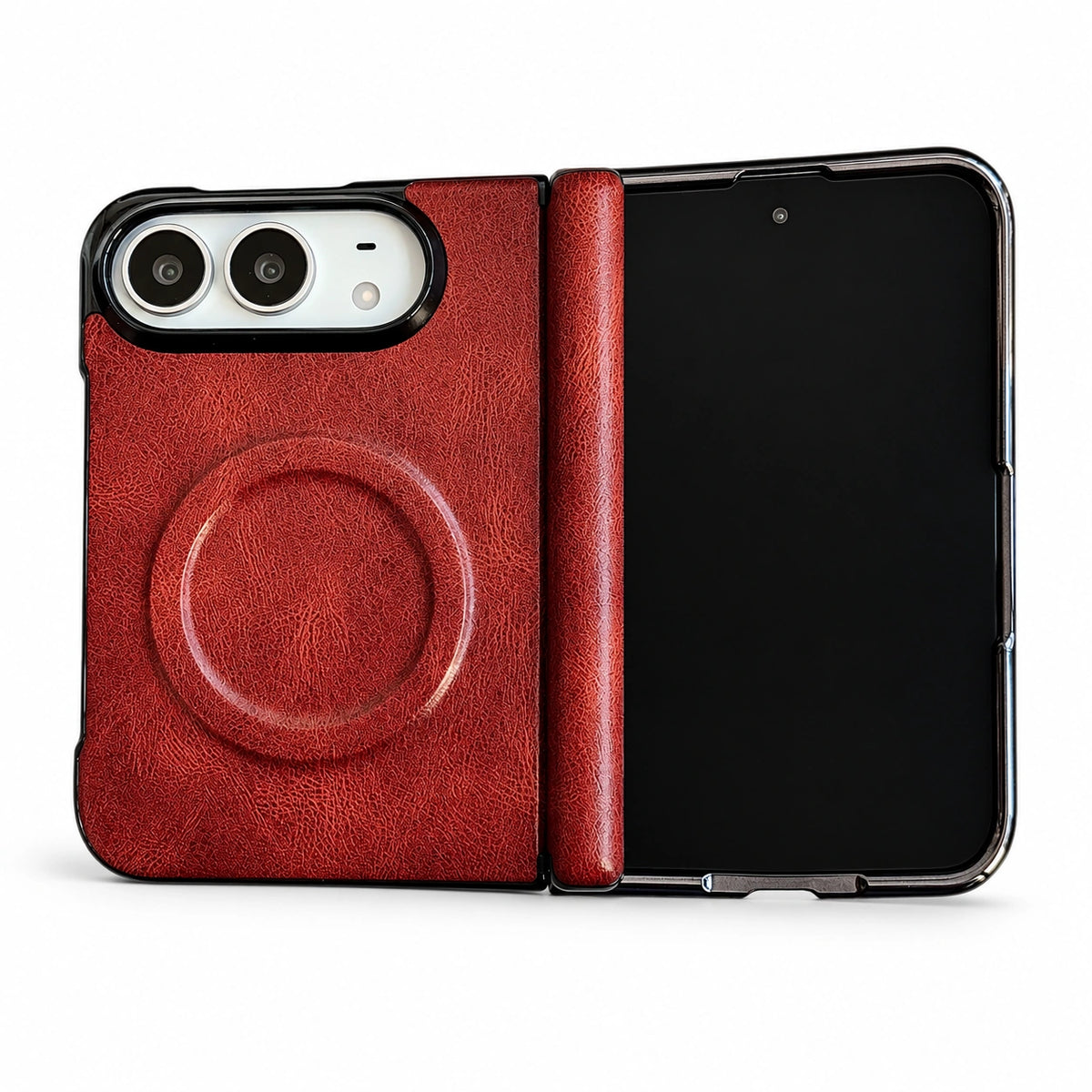 Textured Hinge-Cover iPhone Duo Case in Wine Red + Ring Stand