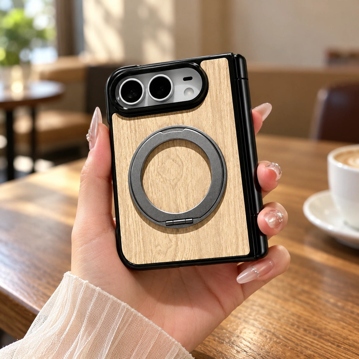 Woodgrain Ring Stand iPhone Duo Case, styled product photo 2